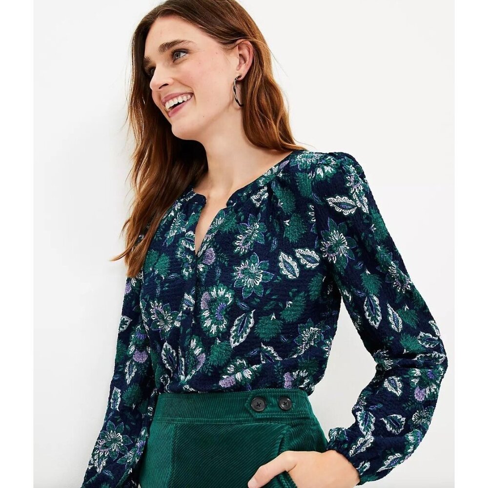 Ann Taylor LOFT‎ Womens XL Floral Shirred Henley Blouse Long Sleeve Shirt Top